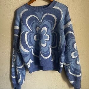 Blue Floral Print Crewneck Sweater